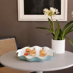 Best ENCANTO Carola Large Round Platter (Turquoise and White) Platters|Enameled Color Metal