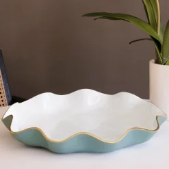 Best ENCANTO Carola Large Round Platter (Turquoise and White) Platters|Enameled Color Metal