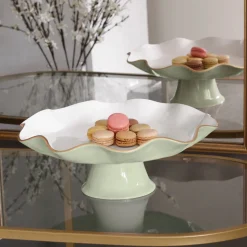 New ENCANTO Carola Pedestal Cake Plate (Pistachio and White) Cake Plates|Enameled Color Metal