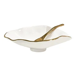 New ENCANTO Claire Small Oval Bowl with Spoon (Cream, White and Gold) Bowls|Gifts Under $99