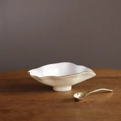 New ENCANTO Claire Small Oval Bowl with Spoon (Cream, White and Gold) Bowls|Gifts Under $99