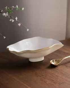 New ENCANTO Claire Small Oval Bowl with Spoon (Cream, White and Gold) Bowls|Gifts Under $99
