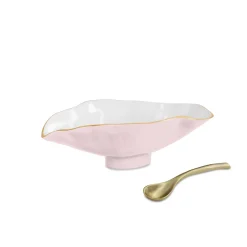 Clearance ENCANTO Claire Small Oval Bowl with Spoon (Camellia, White and Gold) Bowls|Enameled Color Metal