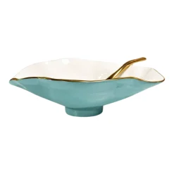 Outlet ENCANTO Claire Small Oval Bowl with Spoon (Turquoise, White and Gold) Bowls|Enameled Color Metal