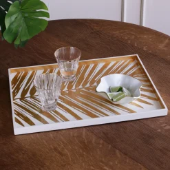 Sale INDOCHINE Large Lacquered Palm Tray White and Gold Indochine|Trays