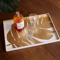 Discount INDOCHINE Large Lacquered PhilodendronTray White and Gold Indochine|Trays