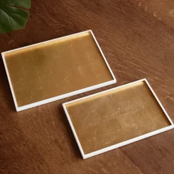 New INDOCHINE Rectangle Lacquered Trays Set of 2 White and Gold Indochine|Trays