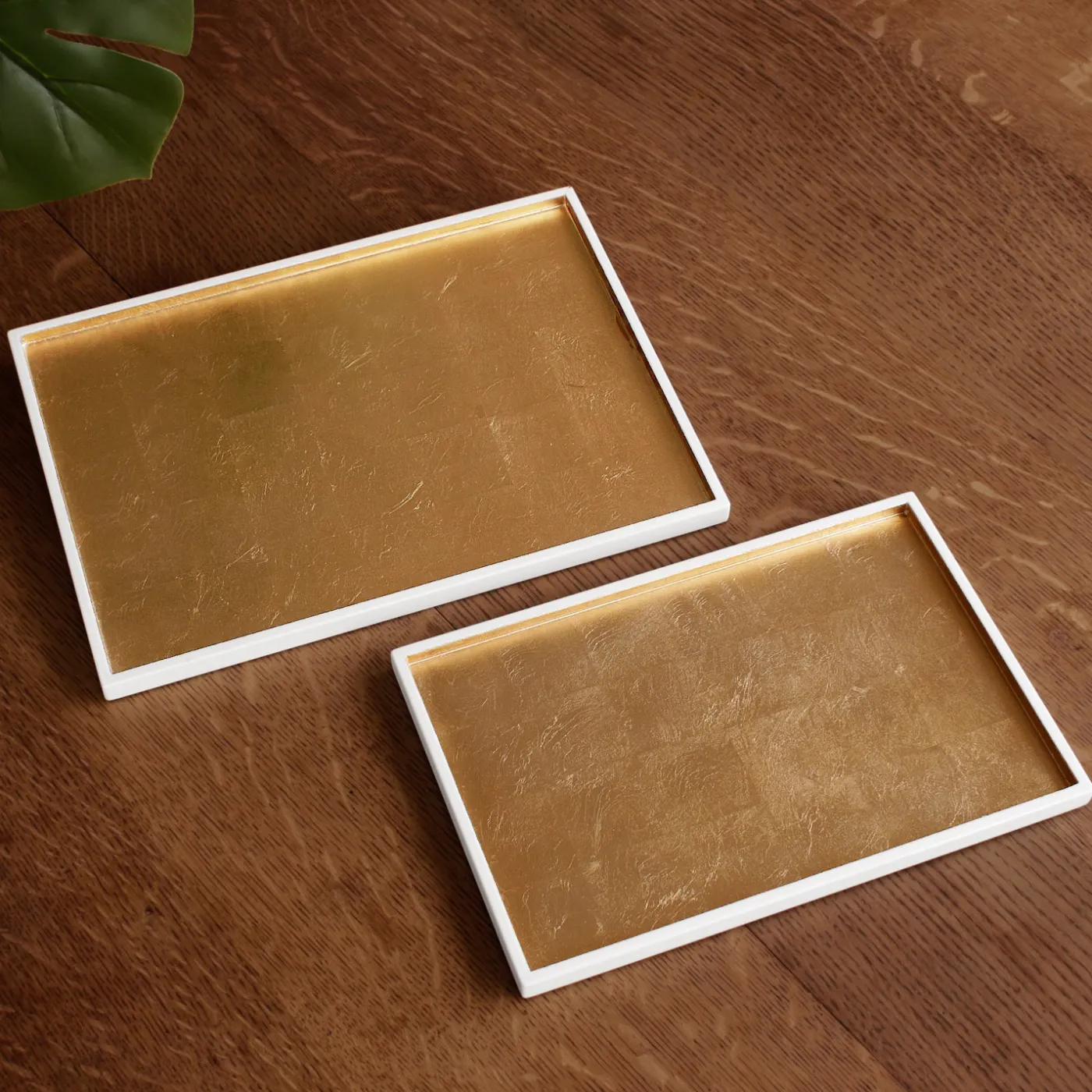 New INDOCHINE Rectangle Lacquered Trays Set of 2 White and Gold Indochine|Trays