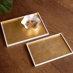 New INDOCHINE Rectangle Lacquered Trays Set of 2 White and Gold Indochine|Trays