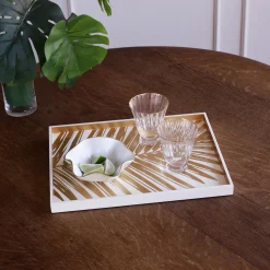 Clearance INDOCHINE Small Lacquered Palm Tray White and Gold Indochine|Trays