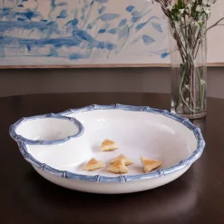Clearance VIDA Bamboo Large Chip and Dip Bowl (White and Blue) GARDEN Bamboo|View All Vida