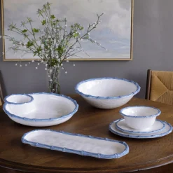 Clearance VIDA Bamboo Large Chip and Dip Bowl (White and Blue) GARDEN Bamboo|View All Vida
