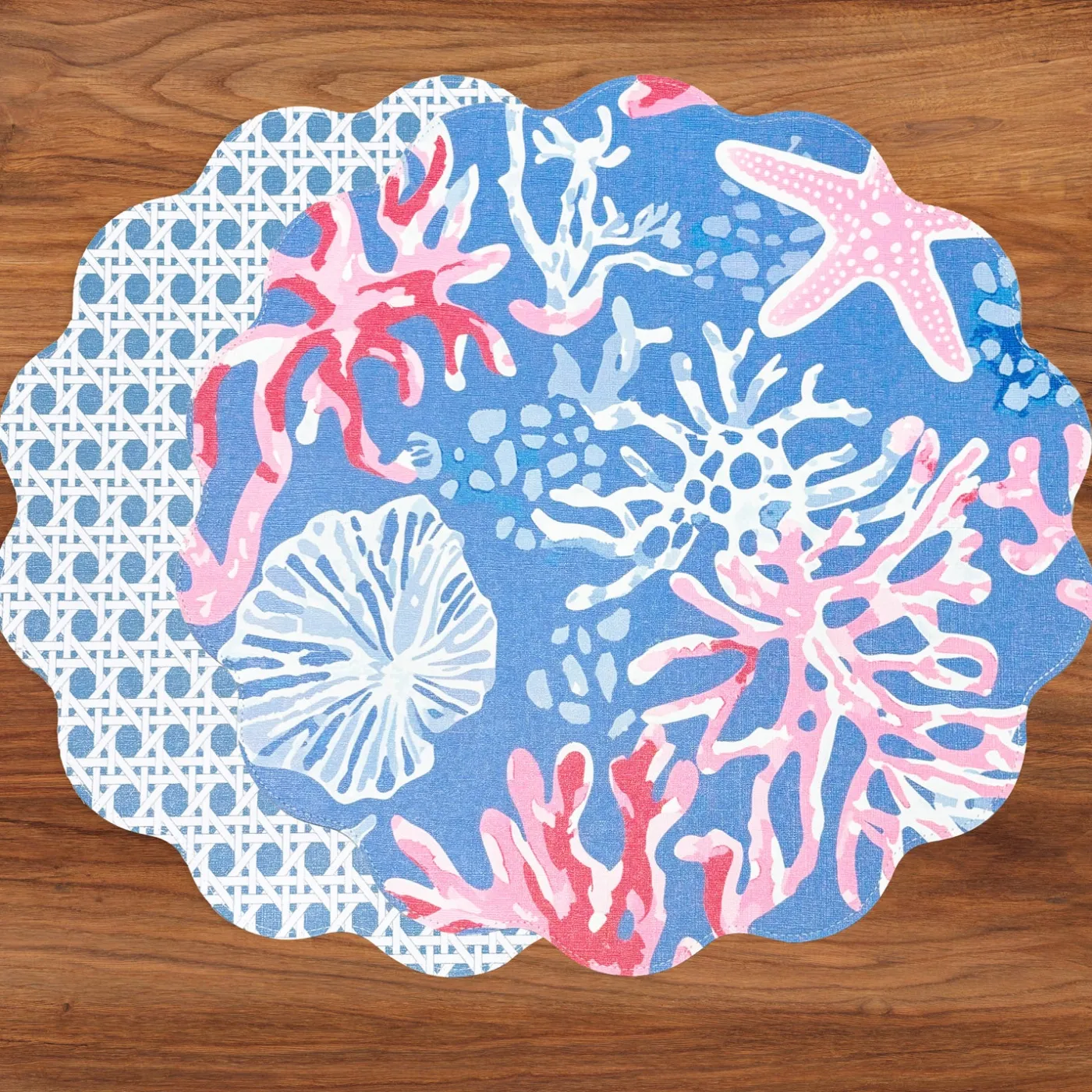 Clearance VIDA Sealife and Rattan Reversible Round Placemats Set of 4 Blue & Pin View All Vida|Placemats